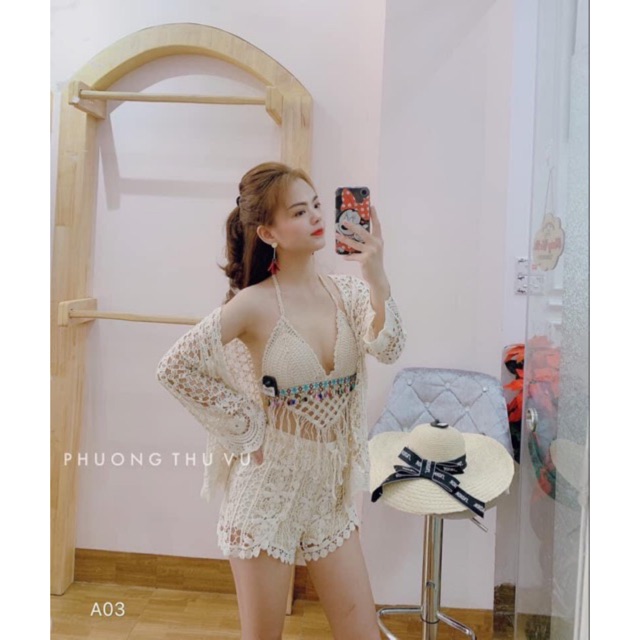 Set biển - set 3 món - bra tam giác ngọc + quần xẻ vạt + choàng ren hoa tay sóng điệu đà (có tách rời)