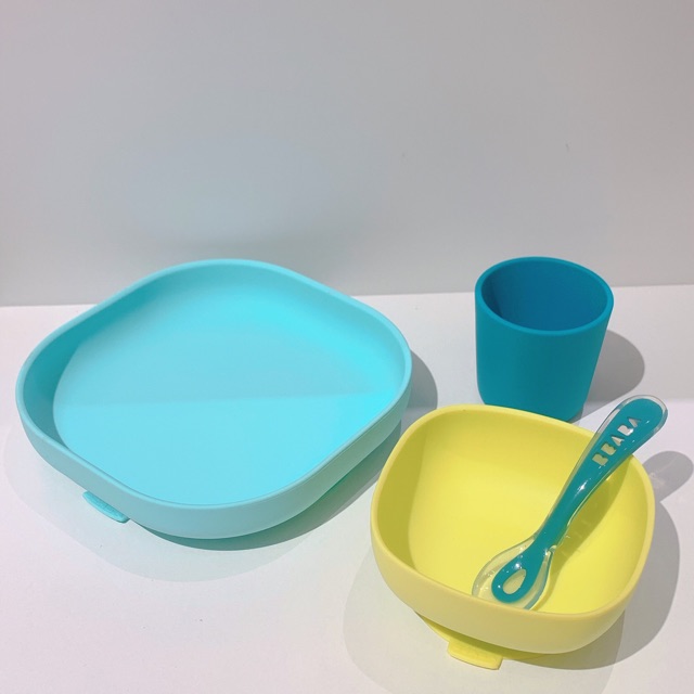 Bộ bát ăn dặm Silicone đế hít không đổ Beaba Neon Blue