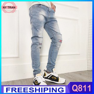 Quần Jean Nam Chất Bò Q811 xanh nhạt rách 2 bên gối  - Quần Rin nytran Cao Cấp Trẻ Trung Cá Tính