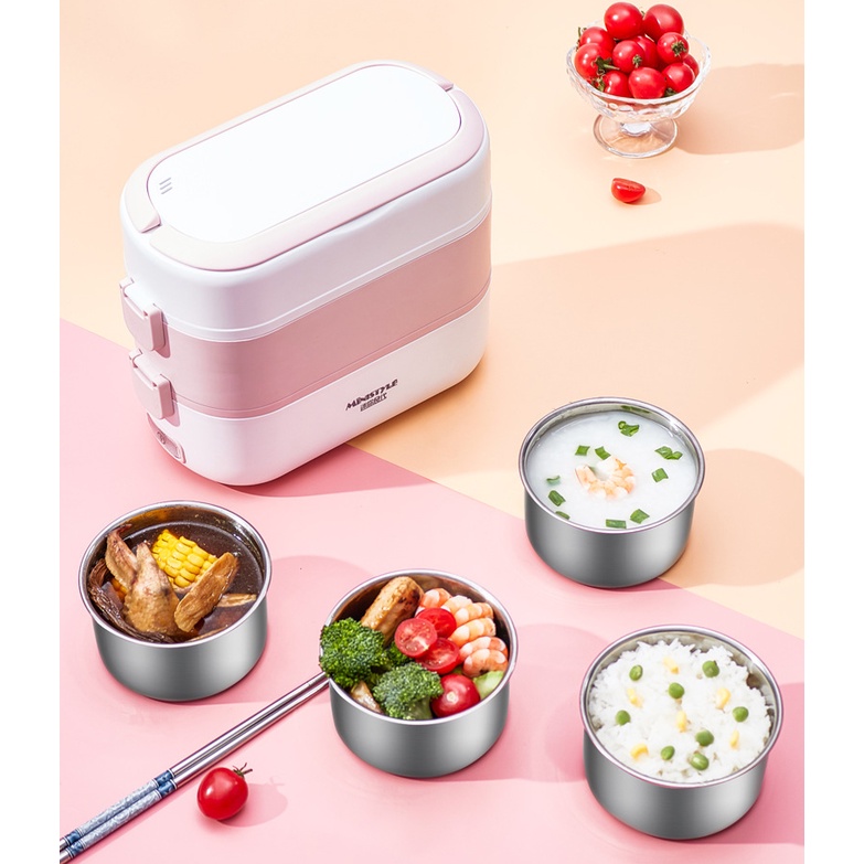 Hộp cơm cắm điện đa năng, hâm nóng, cặp lồng ủ cơm bằng hơi nước Ministyle 2 tầng 4 khay inox 304