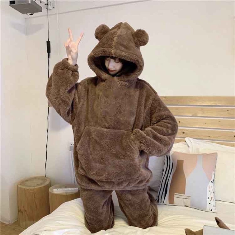 Bộ lông nam nữ Tai GấuĐồ ngủ mùa Đông mặc nhà hoodie Ullzang phong cách Hàn Quốc☘️Lông cừu giữ nhiệt,dày dặn Free ship