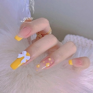 Móng tay giả nail box vàng đính đá nơ ngọc (bộ 24 móng) 💖 SẴN KEO DÁN 💖