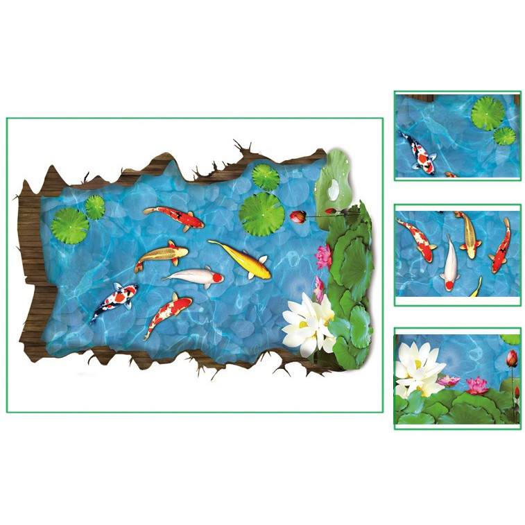 Decal trang trí tường - thảm 3D Hồ Cá KOI và hoa Sen