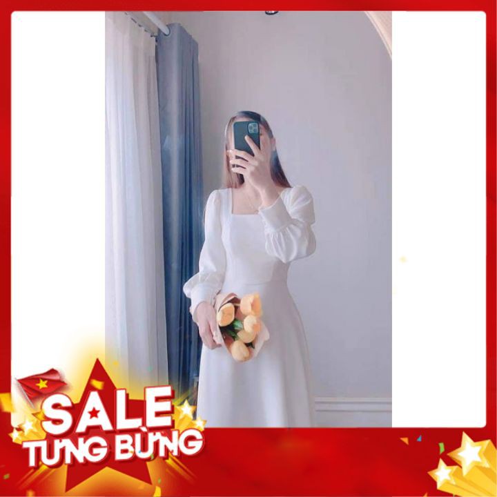 Đầm dự tiệc trắng xòe cổ u vintage | BigBuy360 - bigbuy360.vn