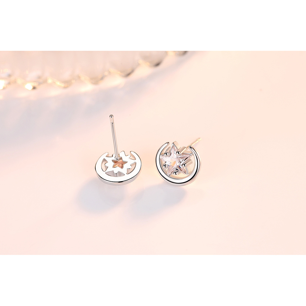 Khuyên Tai Hình Mặt Trăng Ngôi Sao Năm Cánh Mạ Bạc 925 Phong Cách Nhật Hàn Dễ Thương Sáng Tạo Dành Cho Bạn Gái 1