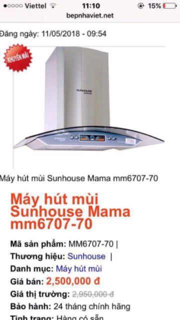 HÚT MÙI KÍNH CONG SUNHOUSE MAMA MM6707-70