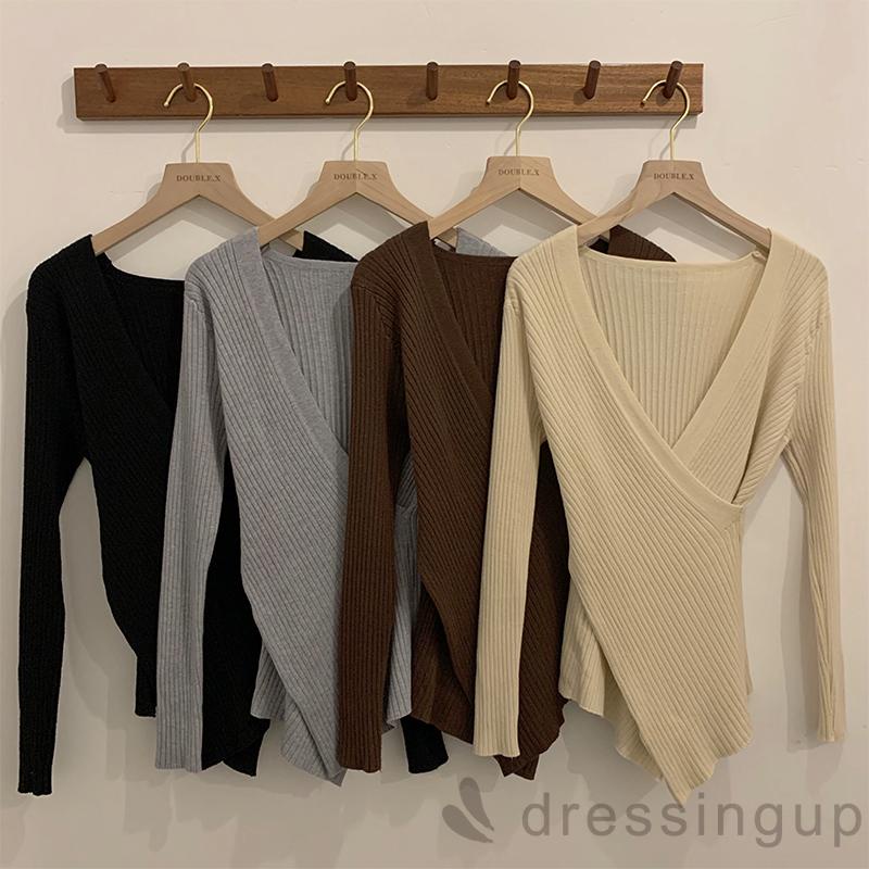 Áo dệt kim tay dài cổ chữ V màu trơn thời trang cho nữ