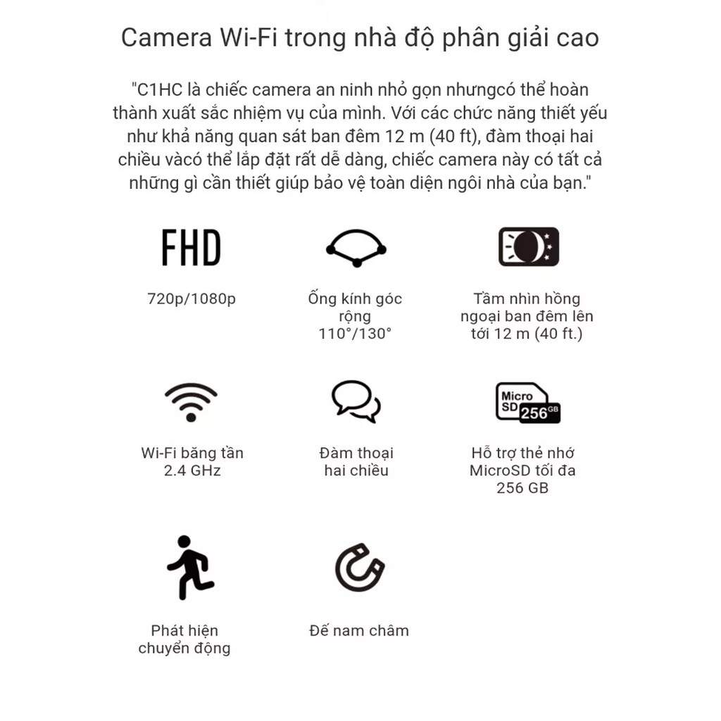 Camera wifi mini EZVIZ C1HC Full HD 1080p đàm thoại 2 chiều, ống kính góc rộng 130 độ, phát hiện chuyển động