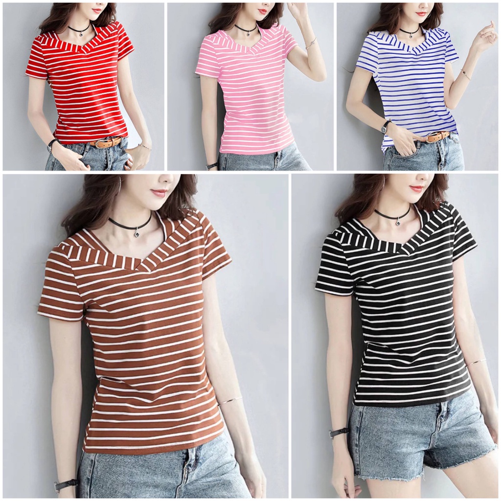 Áo Thun Tay Ngắn Cổ Chữ V Họa Tiết Kẻ Sọc Dễ Phối Đồ Thời Trang Cho Phụ Nữ Trung Niên