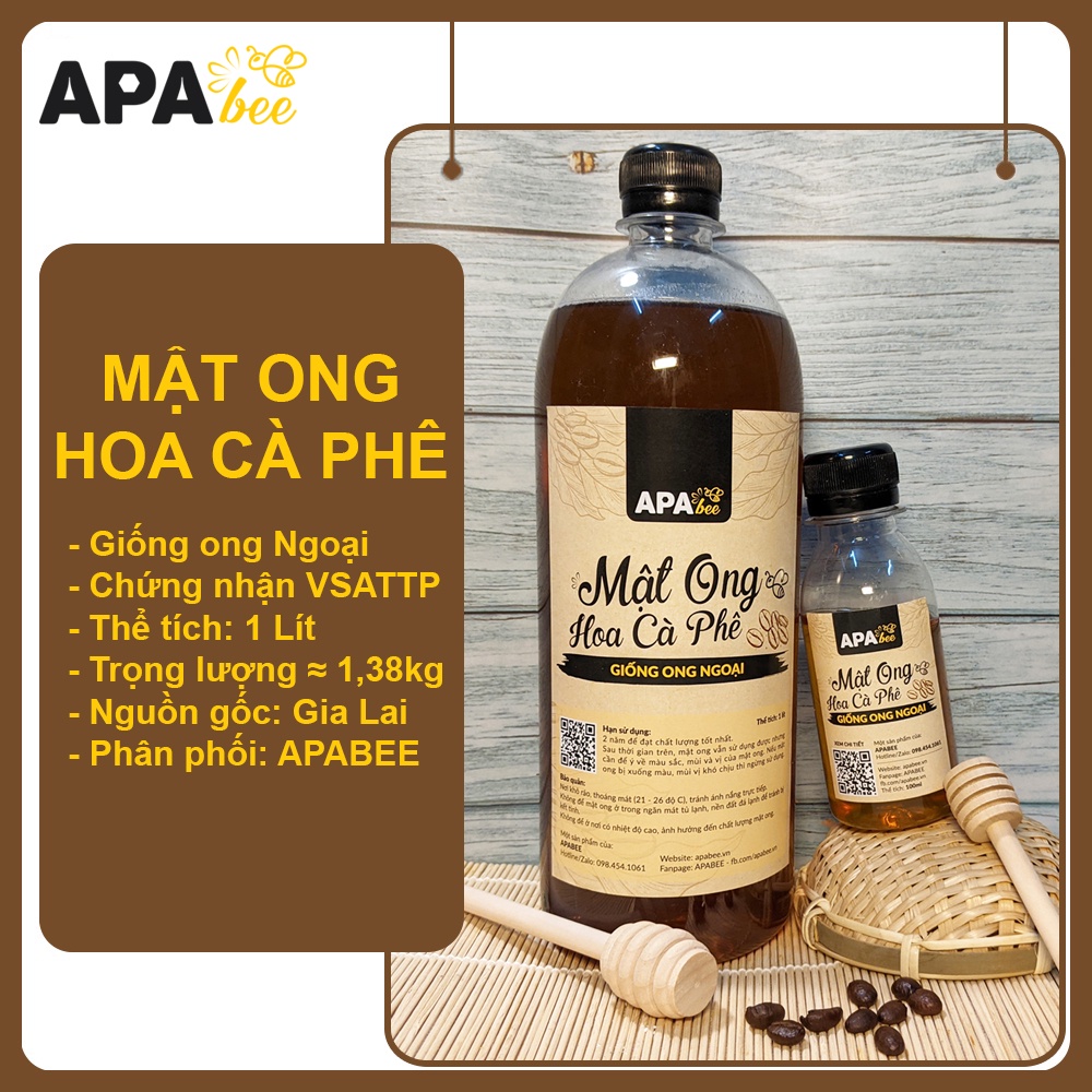 Mật ong hoa Cà phê APABEE - Mật ong nuôi - Giống ong Ngoại - Giấy chứng nhận vệ sinh an toàn thực phẩm - Chai 1 Lít