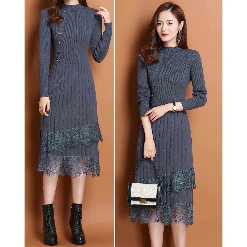 Váy Len Nữ Dài Tay Cổ Lọ Cao Phong Cách Hàn Quốc Hàng Quảng Châu Siêu Ấm