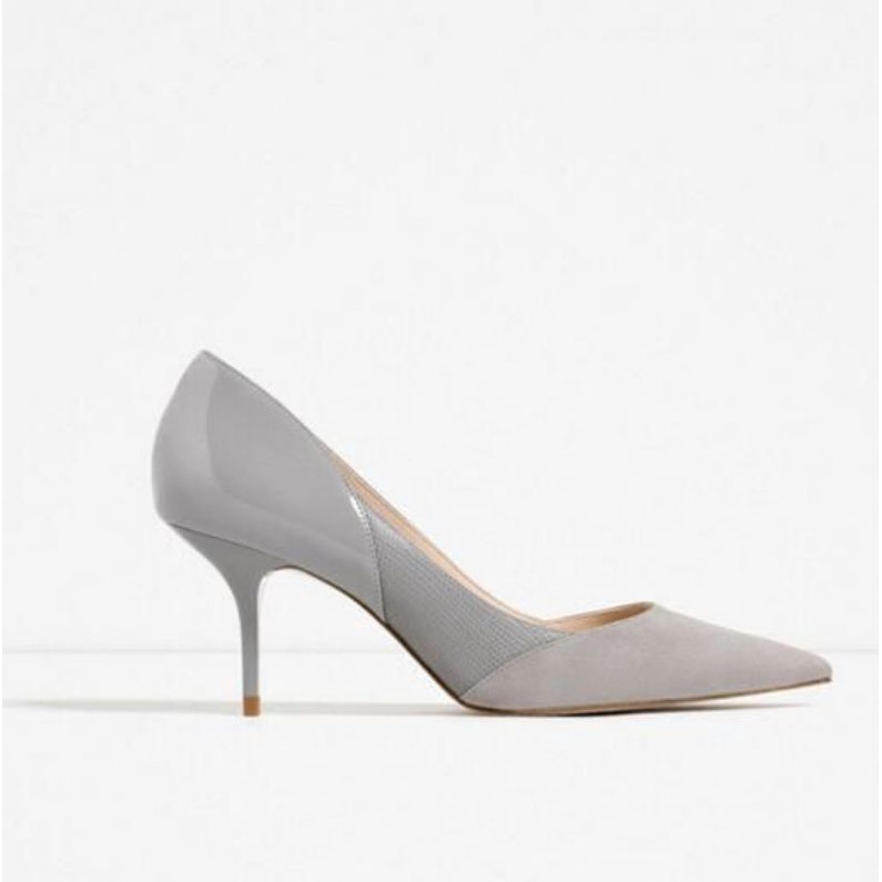 Giày cao gót xuất Âu da lộn phối da bóng 6cm hồng pastel, xanh pastel, xám size 37-38