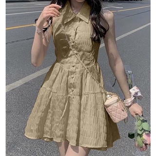 Đầm xoè xốp nhún cổ sơ mi lưng rút phong cách retro
