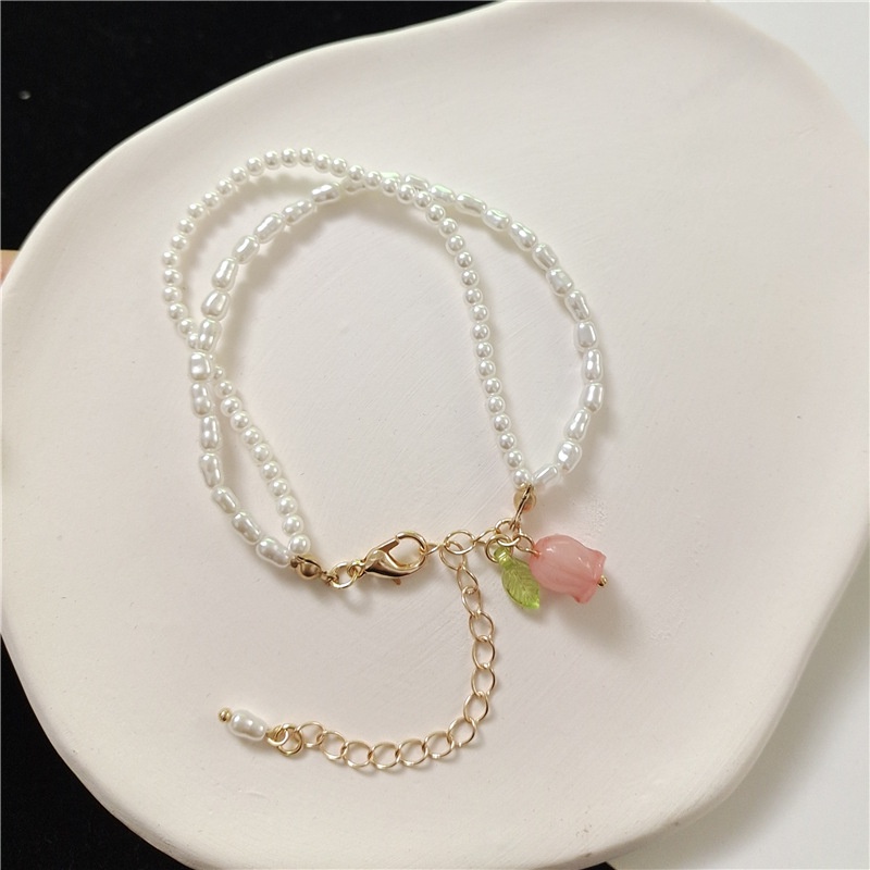 Vòng Tay Hai Lớp Chuỗi Hạt Ngọc Trai Hoa Tulip Lãng Mạn Phong Cách Mới Ngọt Ngào Dễ Phối Đồ Cho Bạn Gái