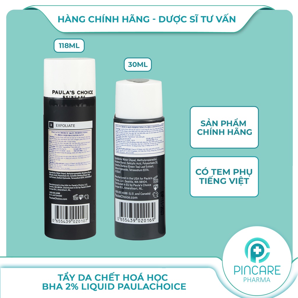 Tẩy da chết hoá học Paula's Choice Skin Perfecting 2% BHA Liquid se khít lỗ chân lông - Hàng chính hãng - PinCare