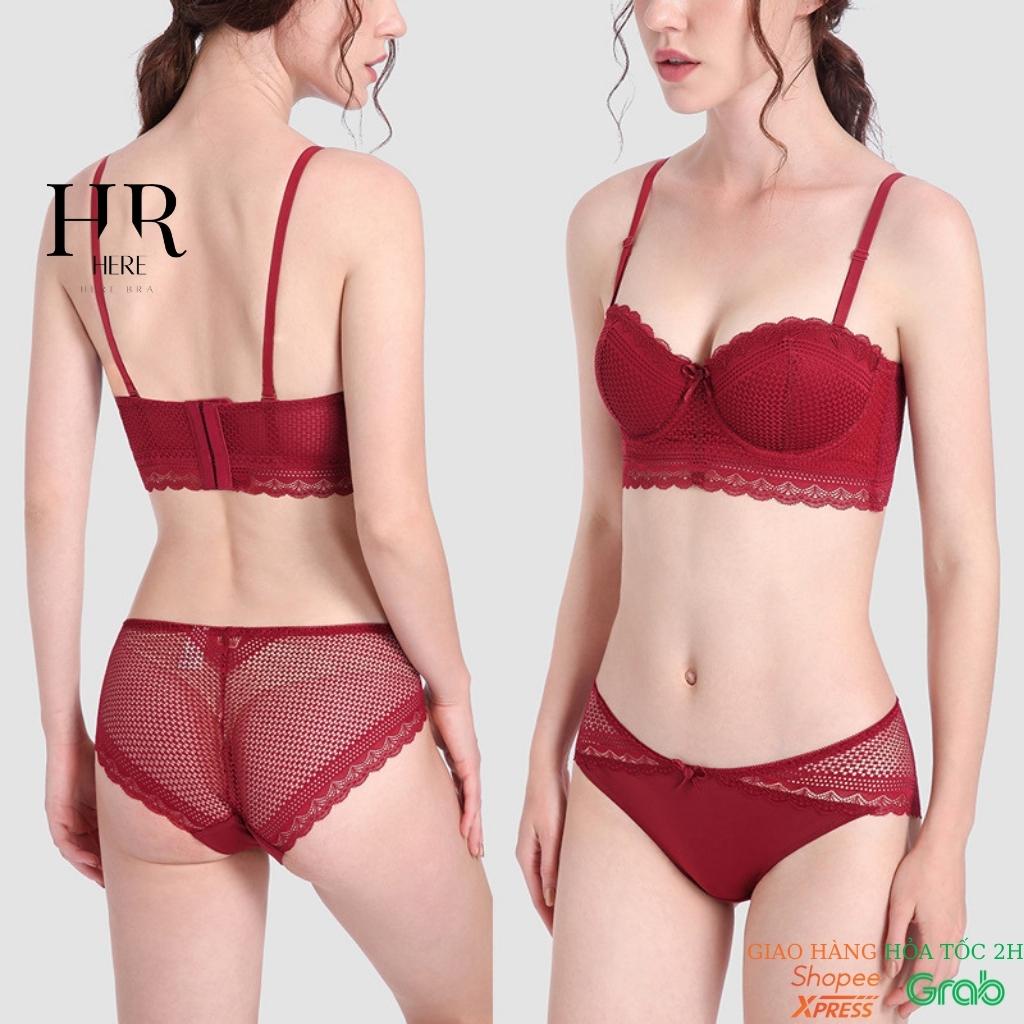 Bộ đồ lót BS05 nữ cup ngang có gọng ren mềm nâng ngực đệm vừa chống tụt HERE