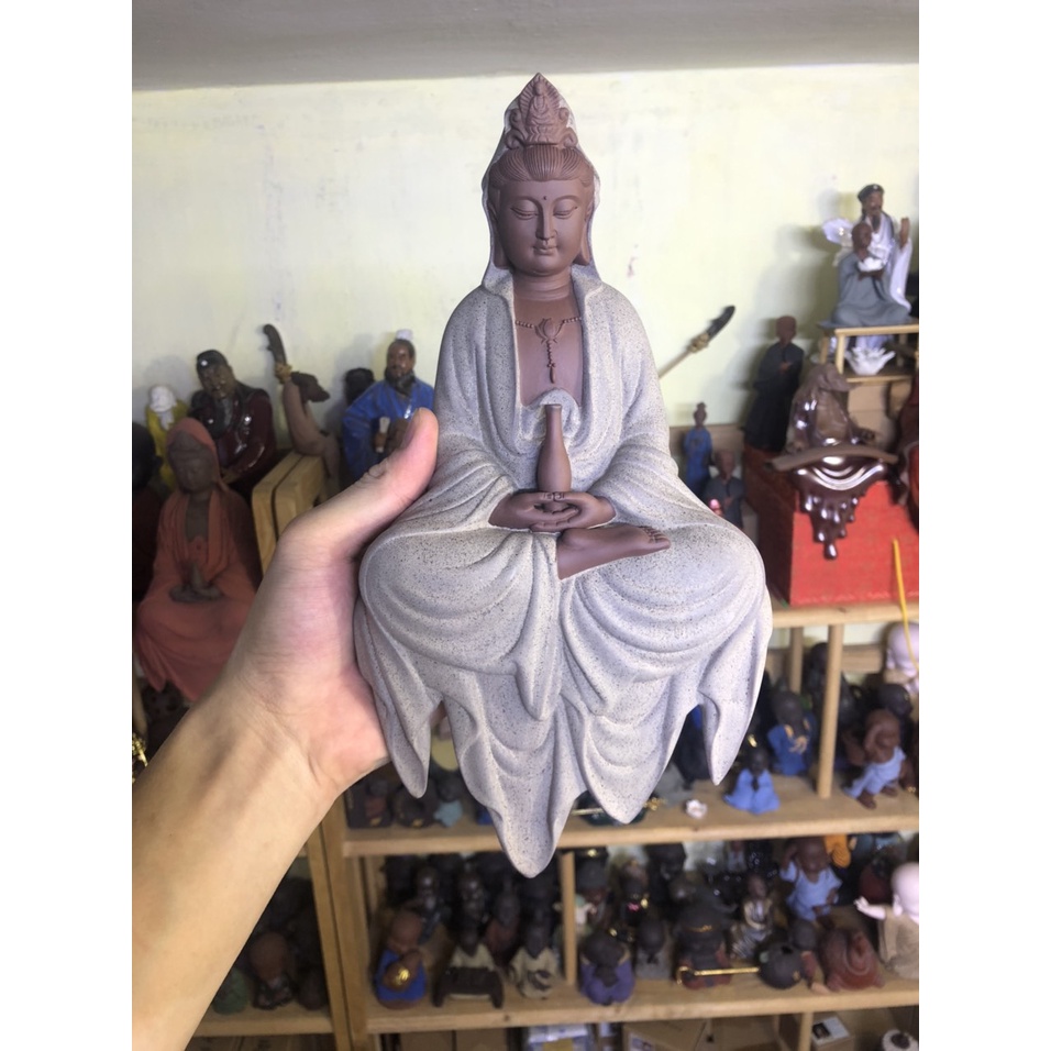 Tượng Phật Bà Quan Thế Âm Bồ Tát Nâng bình phổ độ chúng sinh- Tượng phật gốm tử sa trang trí decor ghép lũa