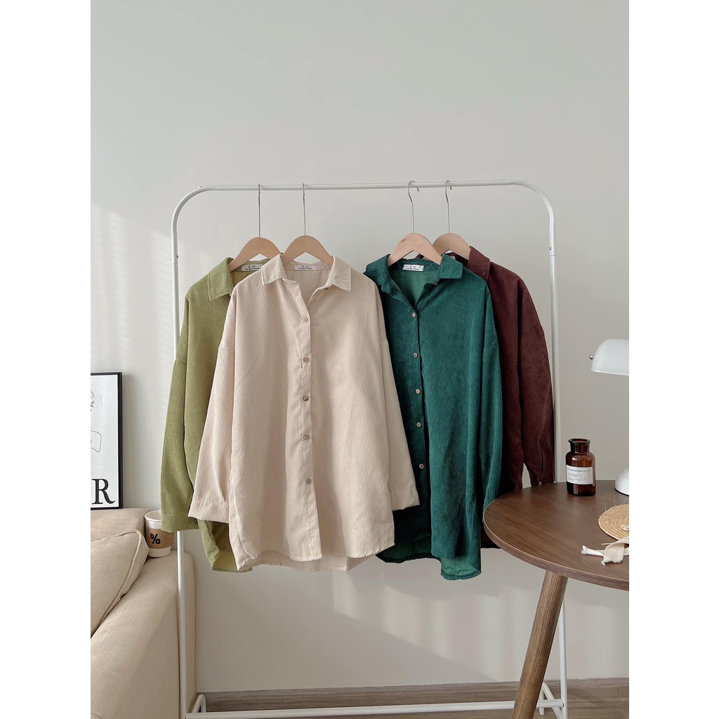 [Ảnh thật/Sẵn] Áo sơ mi nhung tăm trơn dài tay oversize form rộng ulzzang