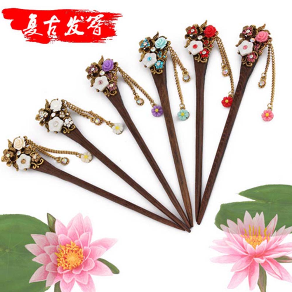 Trâm Cài Tóc Gỗ Họa Tiết Hoa Đính Đá Pha Lê Nhiều Màu Phong Cách Vintage Cho Nữ