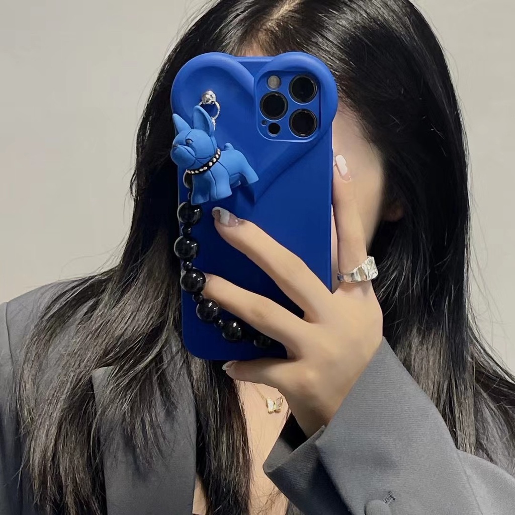 Ốp điện thoại TPU mềm xanh lam phối mặt hình cún và dây đeo thích hợp cho IPHONE X XS XR 11 11 PRO 13 12 11 PRO MAX