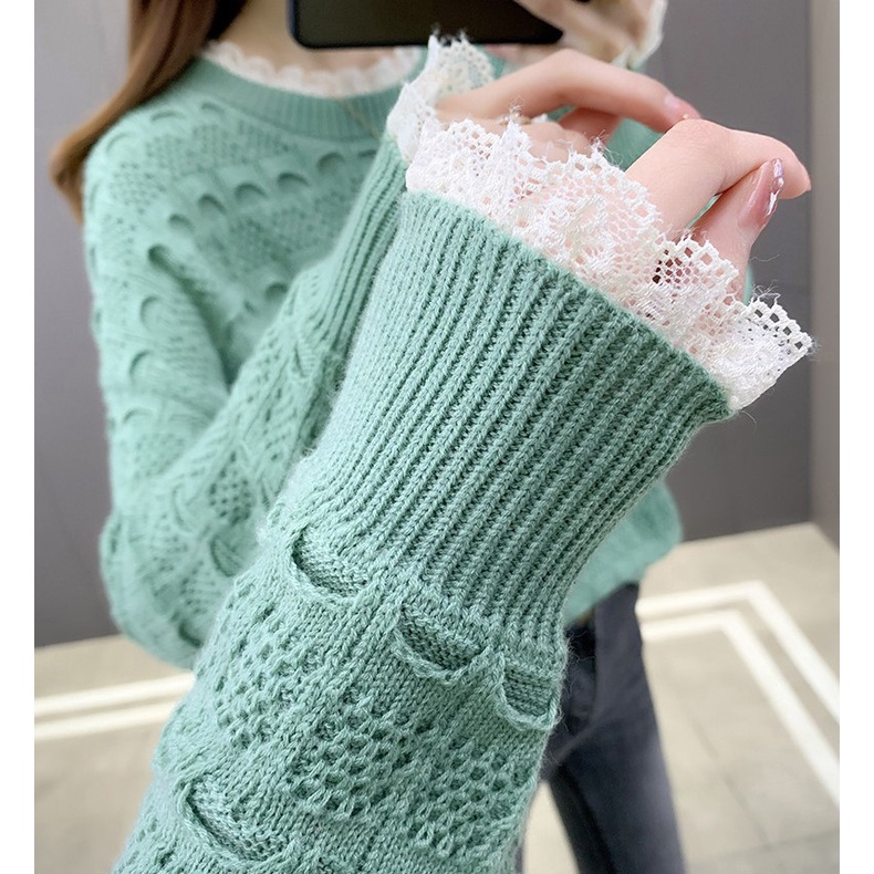 Áo len nữ hoạ tiết pha ren thời trang sweater cổ tròn dài tay chất len dệt kim dày dặn phong cách Hàn Al27