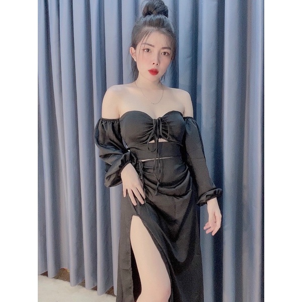 SET CÚP TAY PHỒNG CHÂN VÁY XẺ SEXY SATIN NHUNG HÌNH THẬT KÈM CLIP | BigBuy360 - bigbuy360.vn