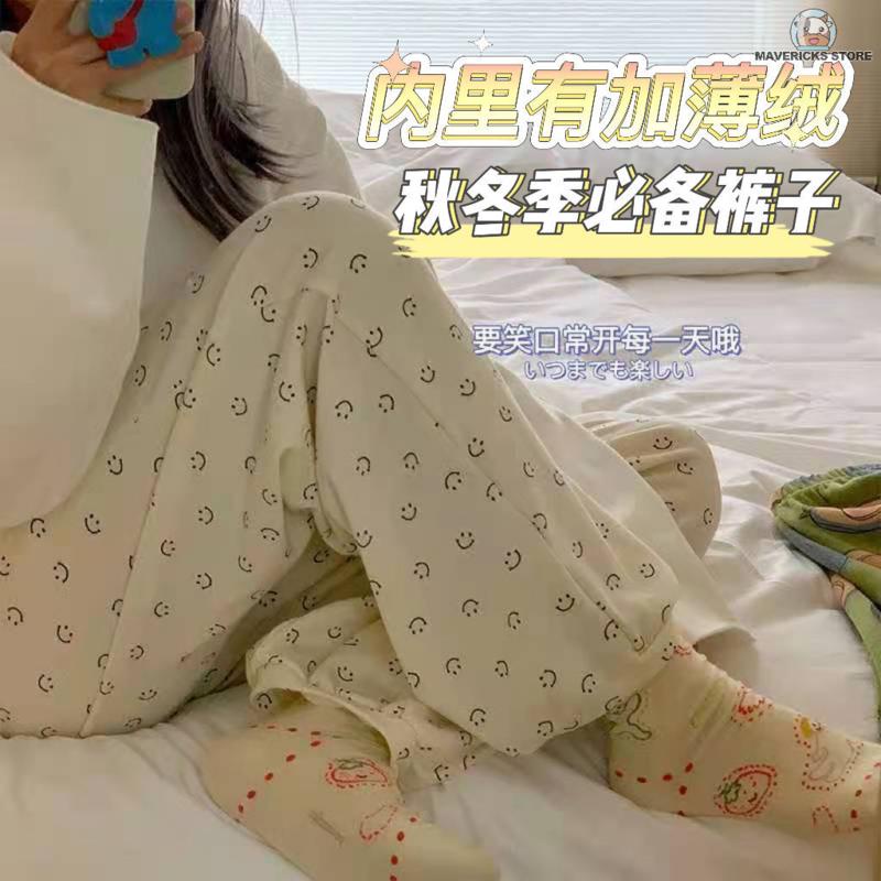 Quần ngủ bằng vải bông dày giữ ấm màu sắc thời trang thu đông dành cho nữ