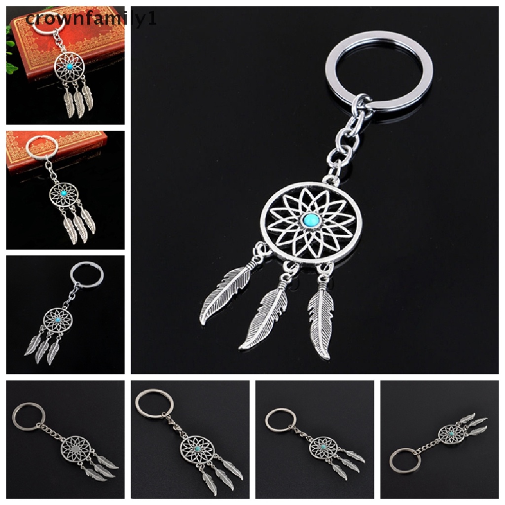 Móc khóa hình Dreamcatcher bằng kim loại màu bạc phối lông vũ kiểu mới