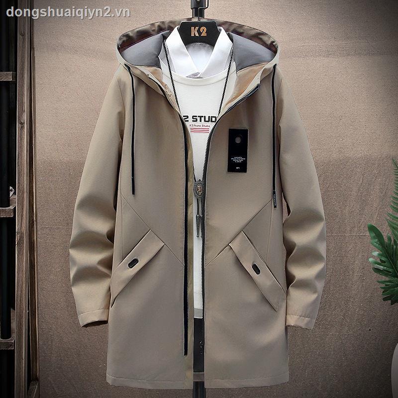 Men s casual windbreaker spring new style Korean trend handsome all-match mid-length hooded spring and autumn jacket