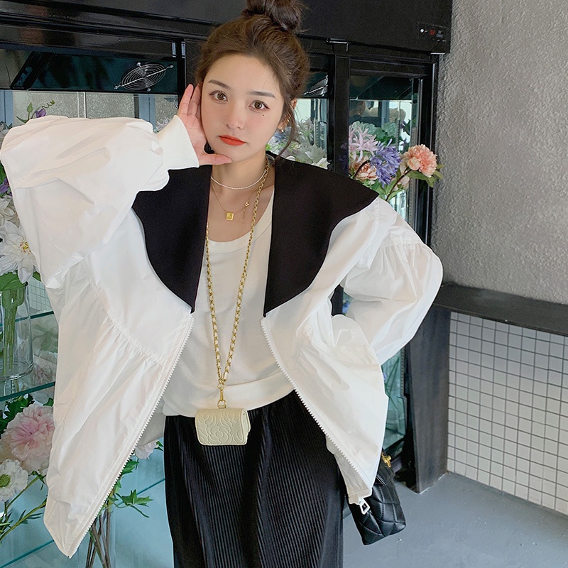 Áo Khoác Chống Nắng Mỏng Cổ Bèo Màu Sắc Tương Phản Dễ Phối Đồ Thời Trang Mùa Hè Cho Nữ