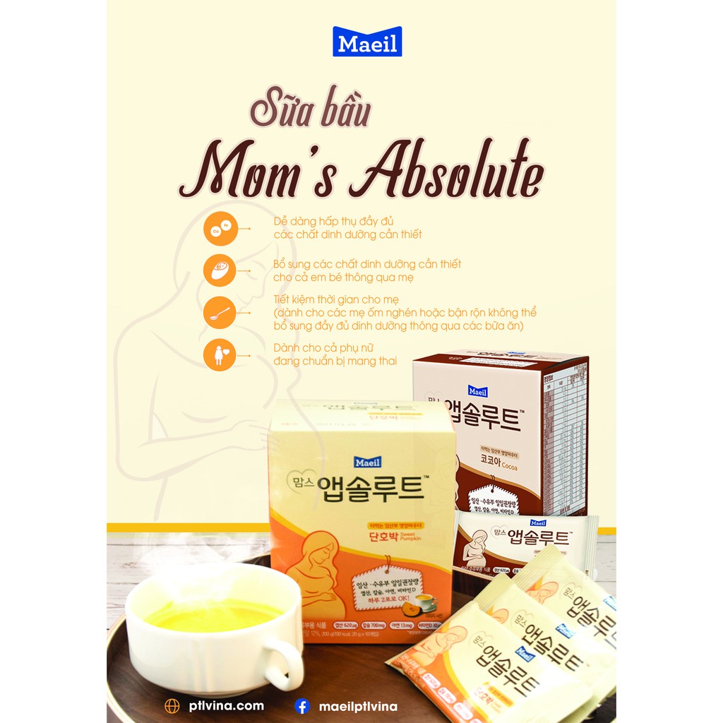 Sữa Bầu MAEIL Mom’s Absolute Hàn Quốc Hương CaCao, Bổ Sung DHA Sắt Canxi Vị Ngon Dịu Dễ Uống  (10 Gói x 20g)