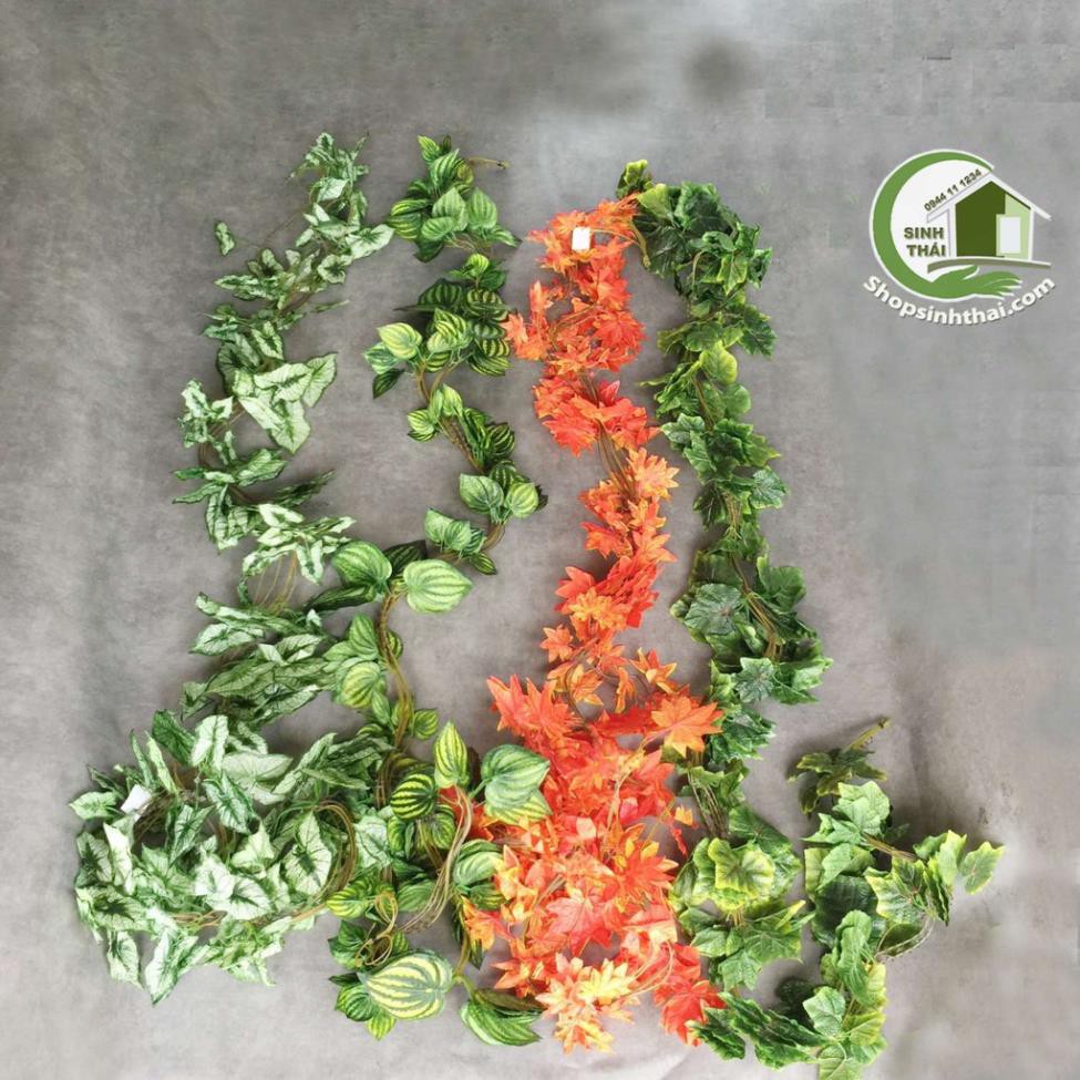 Dây leo xanh dài 2,4m, dây lá nho, lá phong đỏ, lá trầu bà, lá môn trắng bằng vải lụa cao cấp