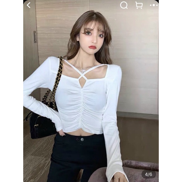 Áo kiểu croptop tay dài cổ vuông chít phối dây cho nữ