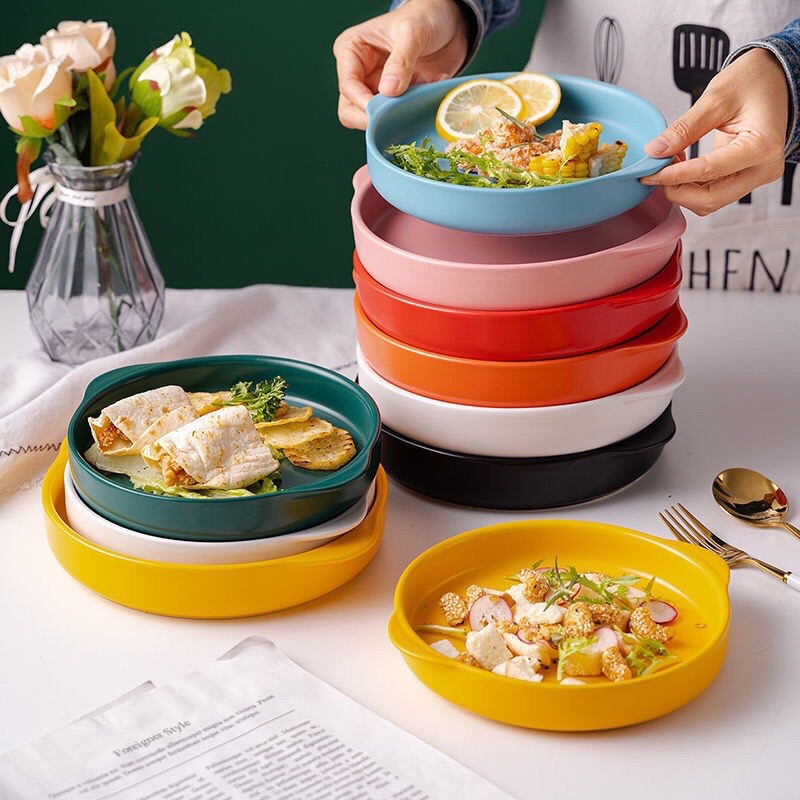 khay sứ tròn phong cách Bắc Âu dùng lò vi sóng hoặc lò nướng