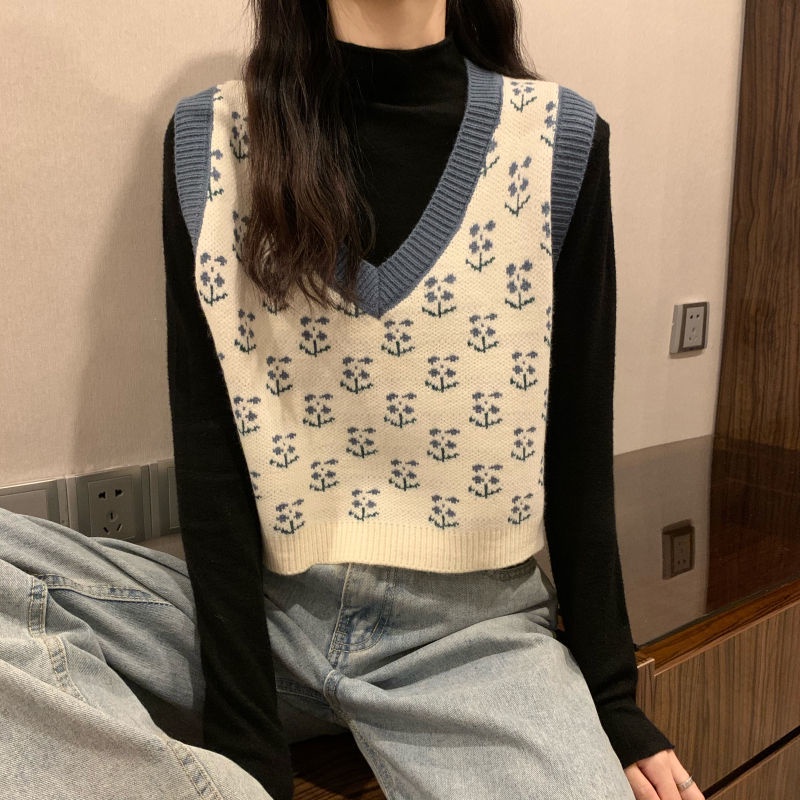 Áo gi lê dệt kim không tay nữ áo len cổ chữ V phối bên ngoài kiểu Nhật mùa xuân thu