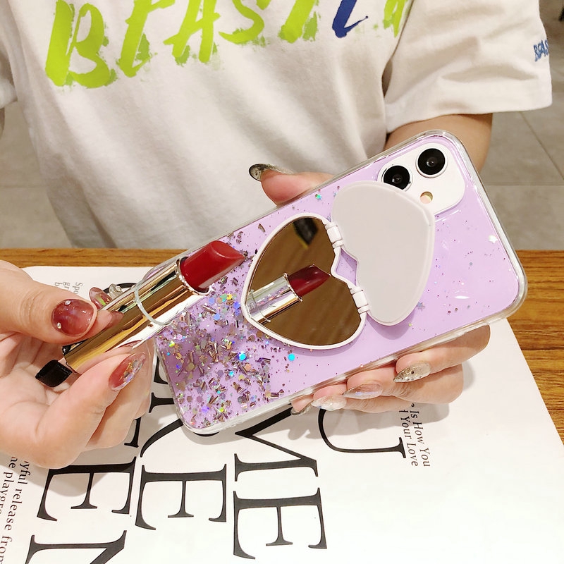 PT| Realme 7 7i 3 5 5i 5s 6i 6 2 Pro C1 C2 C3 C3i C11 C12 C15 C17 X U1 Q OPPO F11 Pro F7 K3 Reno 2 2F Glitter Soft Colorful Make Up Mirror Purple Phone Case
