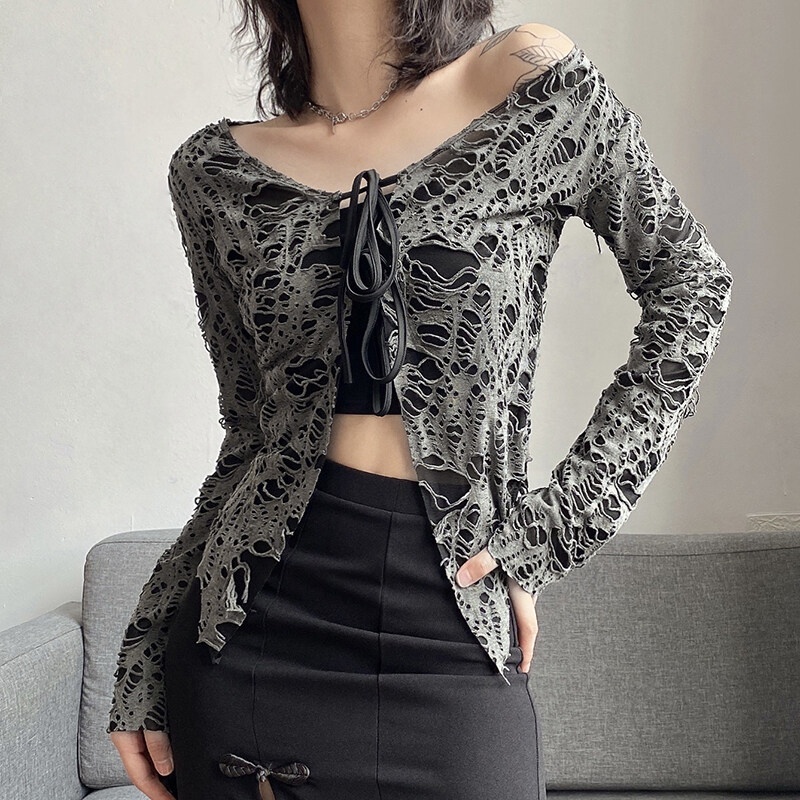 Kliou 2022 Mới vào mùa hè Áo cardigan KLIOU tay dài thiết kế khoét lỗ ôm dáng quyến rũ thời trang dành cho nữ