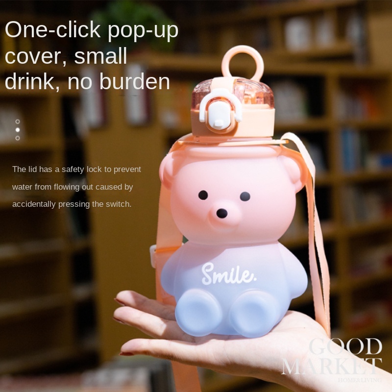 Bình Nước Thể Thao 800ml Bằng Nhựa Màu Hồng In Họa Tiết Dễ Thương Có Ống Hút Và Dây Đeo Cho Bé Gái