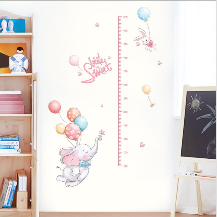 Decal dán tường thước đo chiều cao cho bé yêu Chú voi con bay vui vẻ - decan cao cấp tự dán tại nhà dễ dàng AMYSHOP