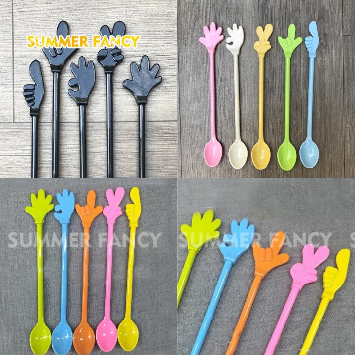 5 Muỗng Khuấy 20Cm Hình Bàn Tay 5 Kiểu Đủ Màu Nhà Hàng Quán Bar Cocktail Sinh Tố Trà Sữa - Spoon