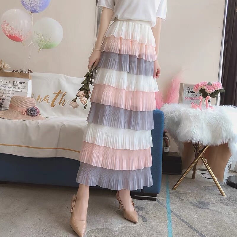 Chân váy nữ xếp ly dáng dài midi tầng nhiều màu