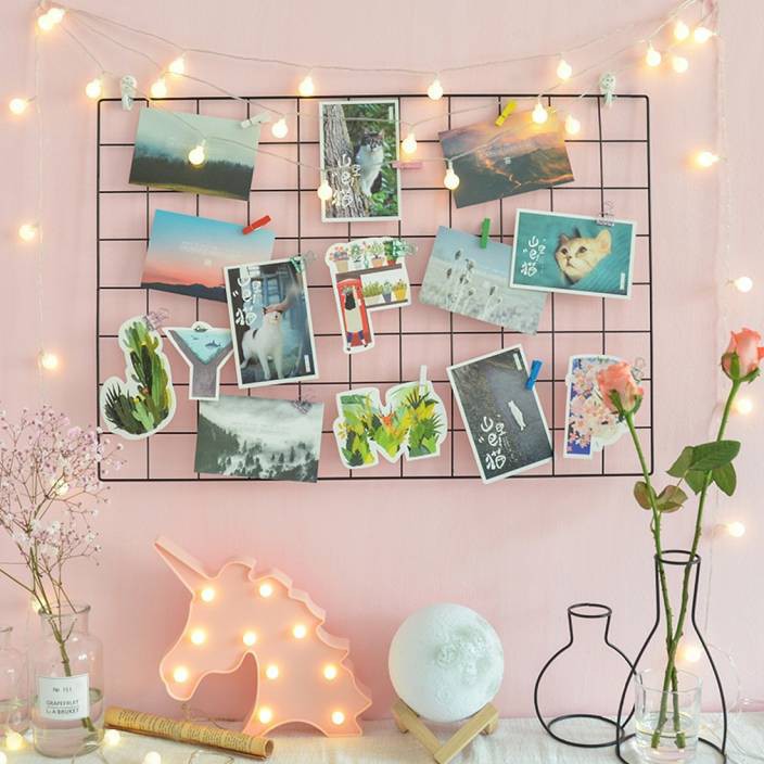 Set 2 Khung Lưới Trang Trí Treo Tường Bằng Lưới Sắt Sơn Tĩnh Điện Tặng Kèm Đinh Móc Và Dây Đèn Led Bóng Tròn 2M
