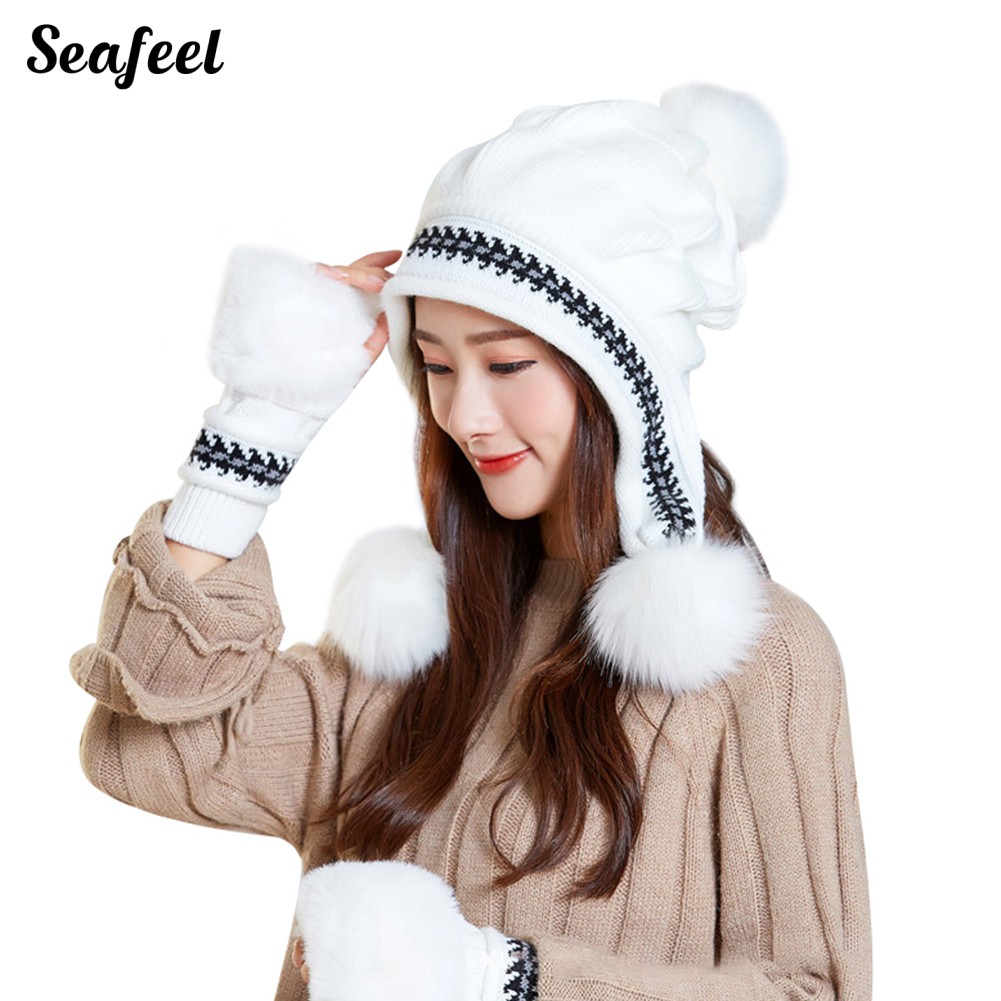 Set 3 Nón Len Trùm Đầu Và Găng Tay Len Dày Ấm Áp