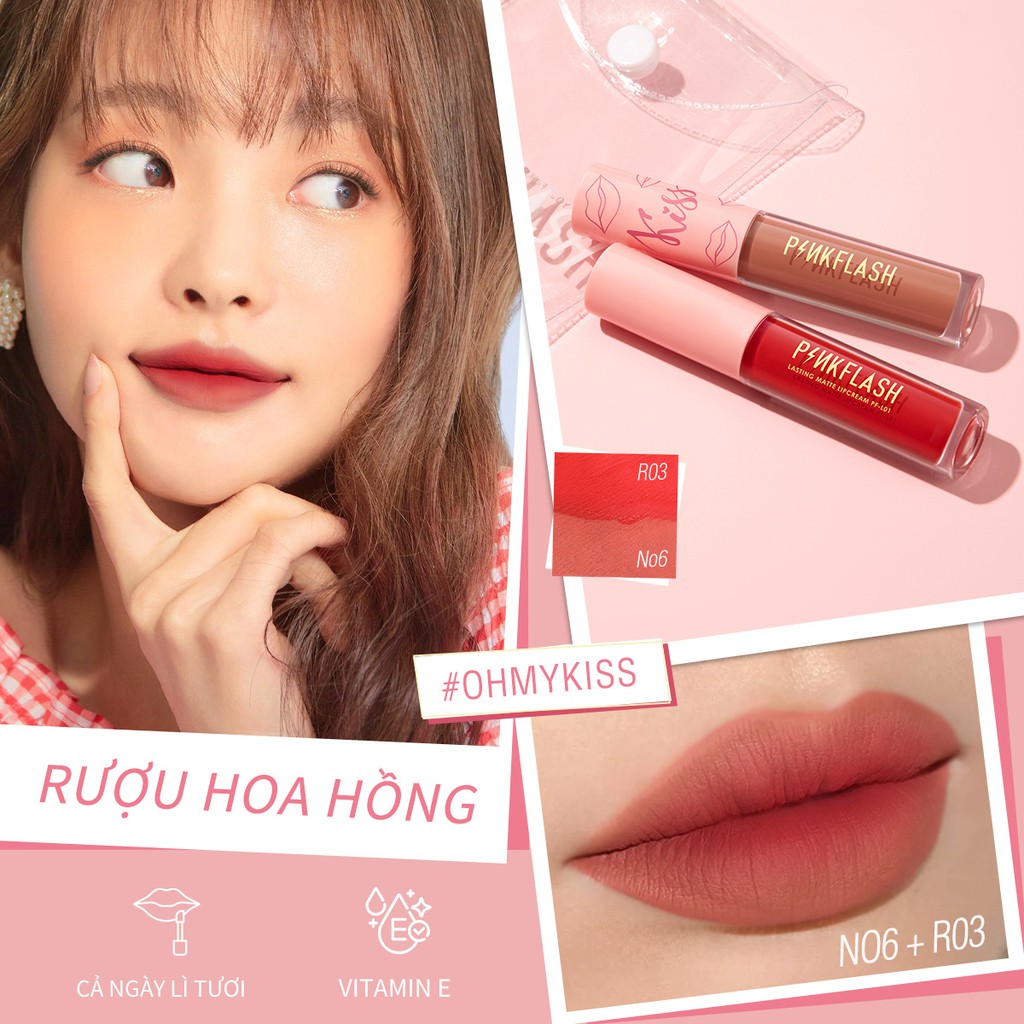 Set 4 thỏi son kem lì PINKFLASH dưỡng ẩm mềm môi lâu trôi