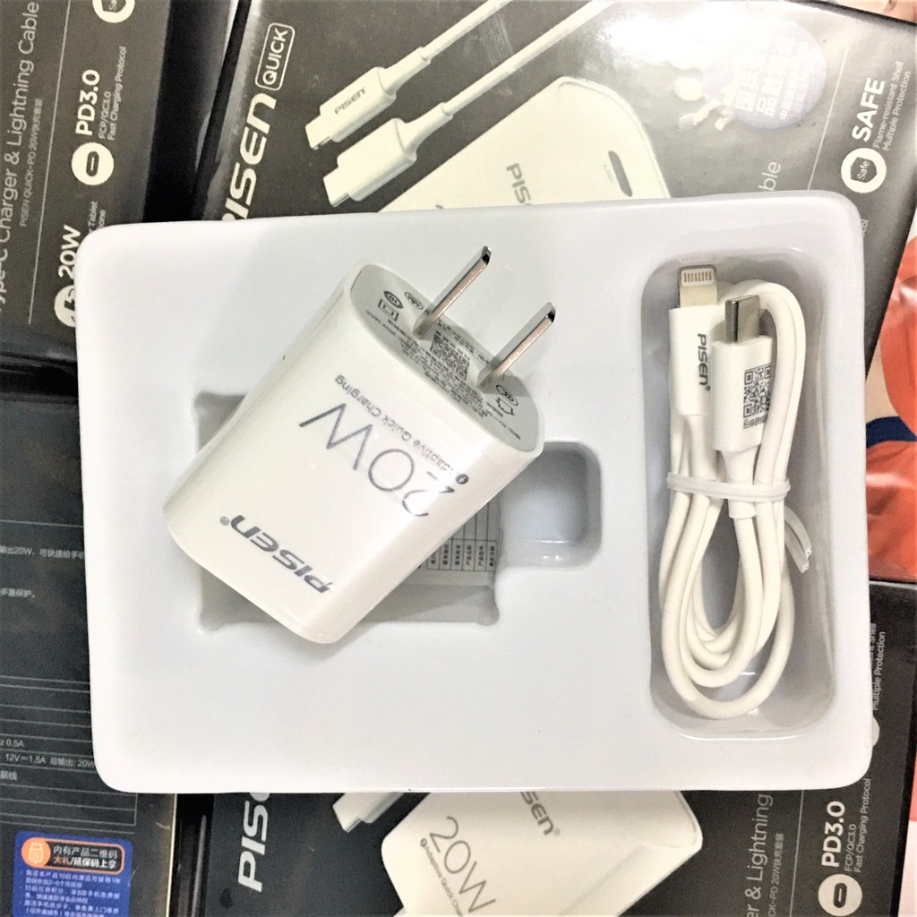 Bộ củ sạc nhanh 20W Pisen cho IP8/8plus/X/XSmax/11/12 Pro