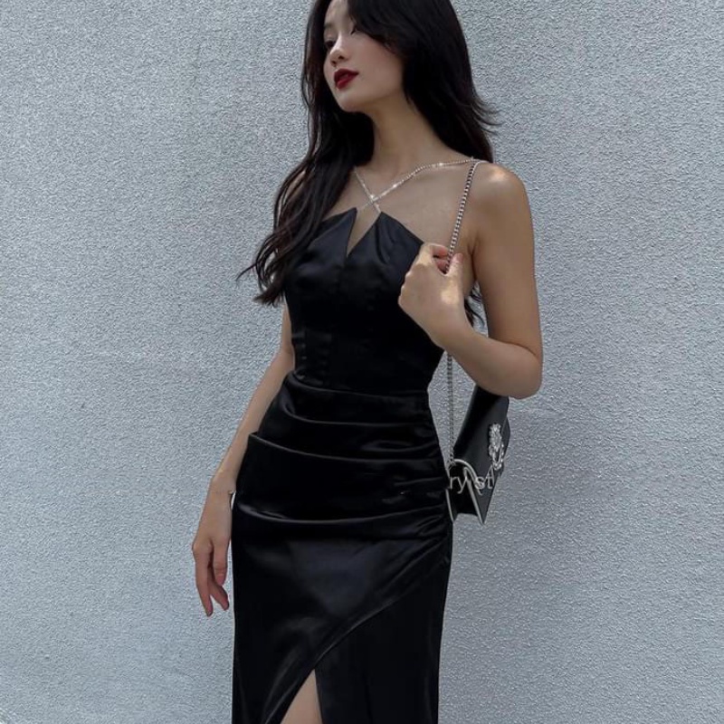 Đầm đi tiệc cổ yếm váy nữ ôm body xẻ đùi dáng dài đi dự đám cưới hẹn hò sang chảnh