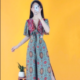 [hình thật] Set maxi cẩm xanh tay cánh tiên quần ống rộng xẻ tà đi chơi đi biển chụp ảnh sống ảo boho cực đẹp