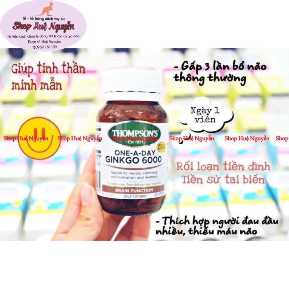 Bổ Não Thompson’s One-A-Day Ginkgo 6000mg của Úc lọ 60 viên, viên uống hoạt huyết dưỡng não hỗ trợ giảm đau đầu, hoa mắt