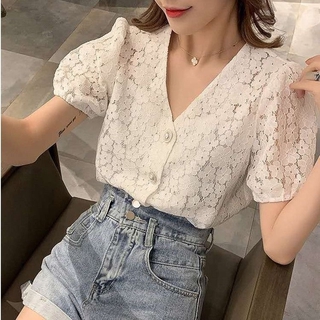 Áo Kiểu Tay Ngắn Cổ Chữ V Phối Ren Họa Tiết Hoa Xinh Xắn Thời Trang Mùa Hè 210512