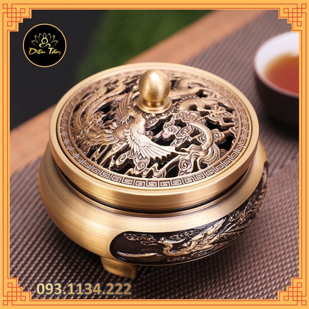 Lư xông trầm bằng đồng khắc rồng phượng- đồ thờ cúng chọn mẫu đôn , đế lư đồng thay lư điện Tặng trụ cắm